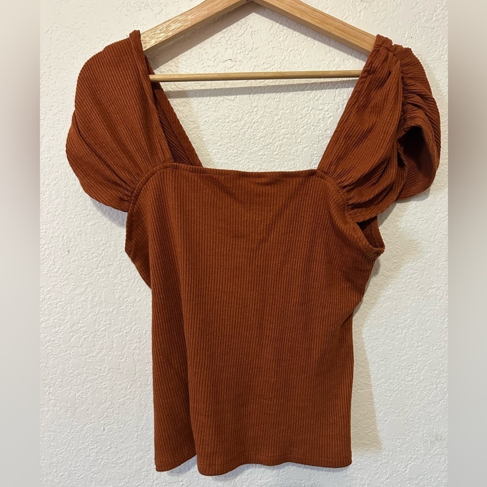 Anthropologie Ruched Shoulder Square neck Rust Colored top - Size M